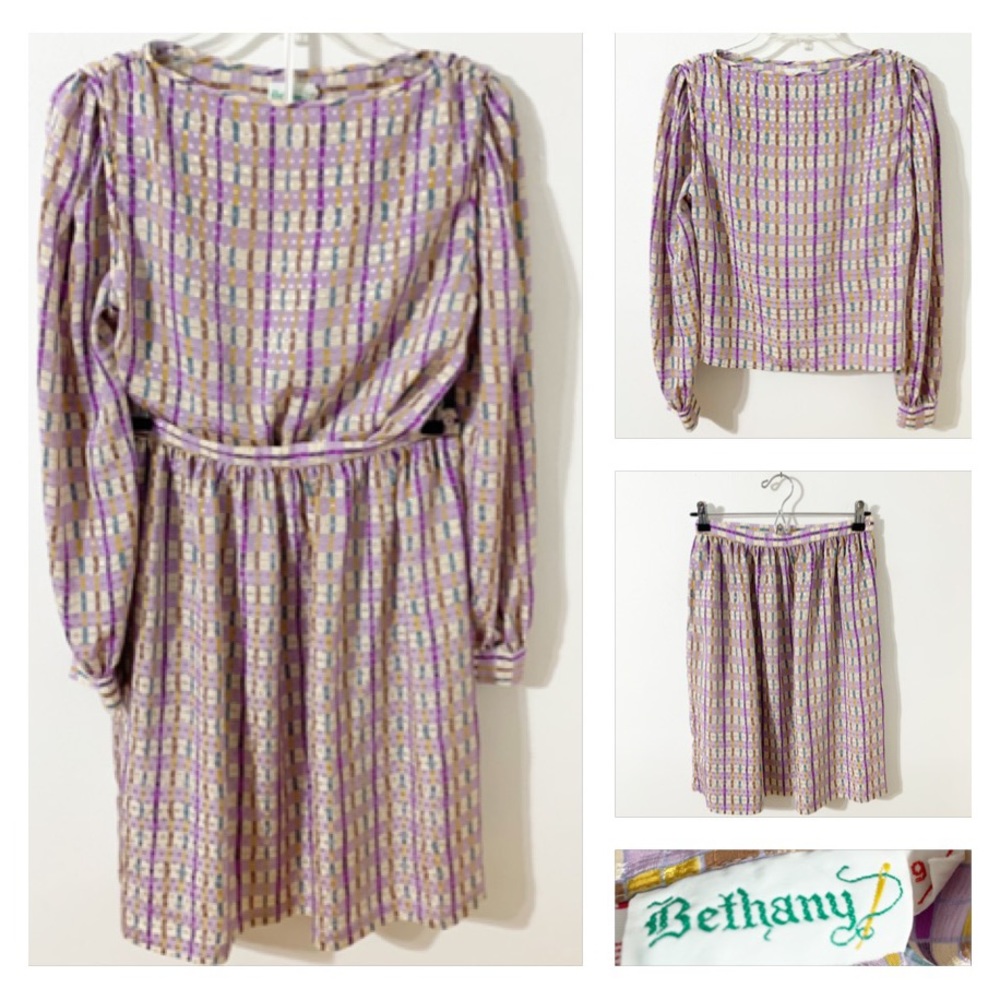 Vintage Bethany Skirt / Blouse Set Lavender Plaid Puffed Sleeves Boatneck Top 💜